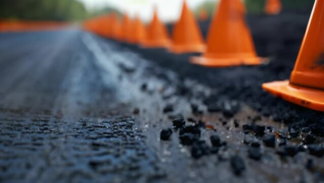 Bold orange construction cones line the sides of a newly paved road signaling to drivers that this once rough and worn surface has . AI generation.