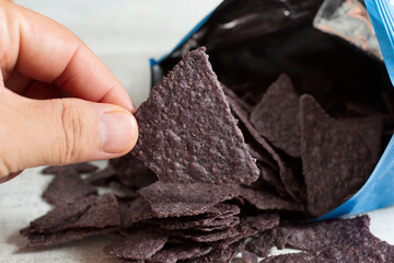 A view of a hand holding a single blue corn tortilla chip.