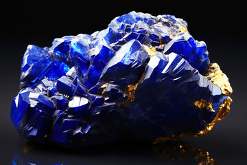 Azurite is a rare precious natural stone on a black background. AI generated. Header banner mockup with space.