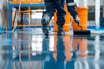 Obraz premium A worker applying a self-leveling epoxy resin coating on an industrial floor