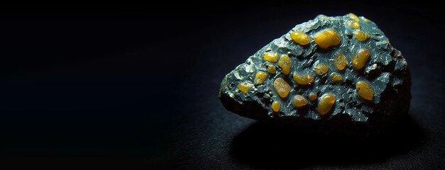 Francevillite is rare precious natural stone on black background. AI generated. Header banner mockup with space.