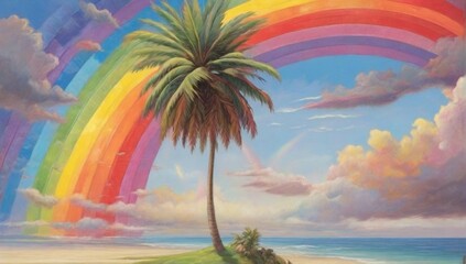 Fototapeta na wymiar Palm tree and rainbow 