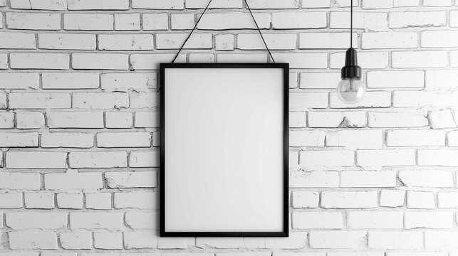 Frame poster mockup, white brick wall background, home interior. 3D rendering