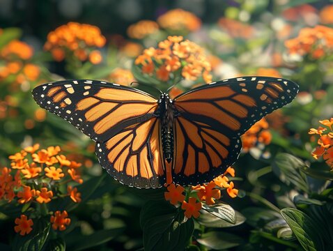 Vivid Majesty Closeup of a Monarch butterfly, its wings spread to reveal vibrant orange and black patterns, set against the backdrop of a sunlit garden , vray