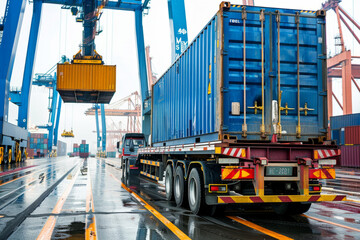 Naklejka premium A trailer loading a container at a bustling shipping port
