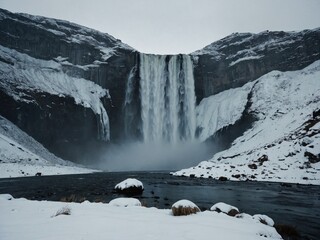 waterfall river in freezing ice cold snowy plain dark cloudy weather 