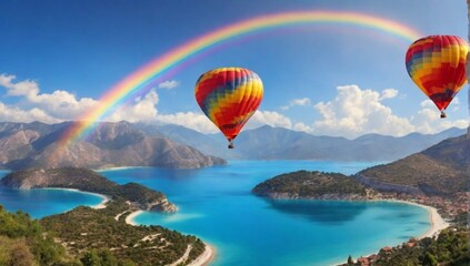 Hot air balloon flying over spectacular oludeniz lagoon with rainbow - Fethiye, Turkey
 - obrazy, fototapety, plakaty
