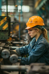 A woman wearing a safety helmet, laboring in an industrial factory with steel machinery - obrazy, fototapety, plakaty