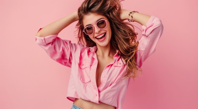 Happy Young Woman with Sunglasses on Pink.