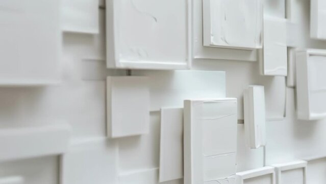 An art exhibit featuring a collection of white canvases each depicting a subtle variation of geometric shapes leaving the viewer to . .