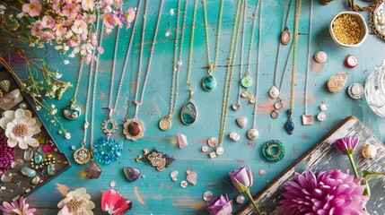 DIY Earth Day necklaces display, creative workspace background, soft focus, overhead shot - obrazy, fototapety, plakaty
