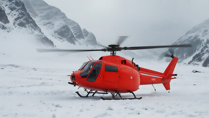 A Landing rescue helicopter in Snowy stormy mountain, Rescue operation, Emergency concept.

