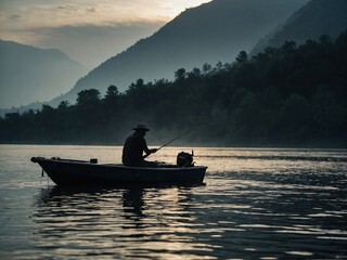 Man on a fishing boat with fishing rod on his hand, fishing in the lake or river