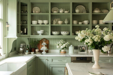 A classic kitchen with green cabinets and white marble countertop, adorned with fresh flowers in vases on the island table.