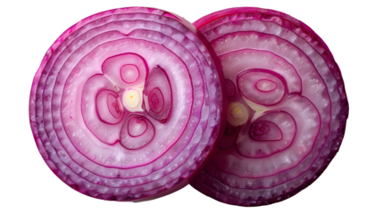 Two red onion slices isolated on white and transparent background. Top view. Flat lay. Red onion slice in air, without shadow.
