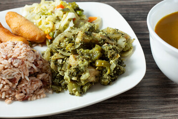 A view of a callaloo and saltfish meal.