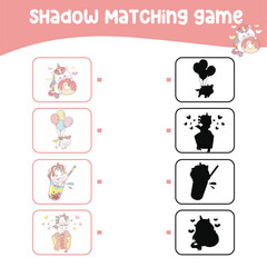 Matching shadow game for children. Find the correct shadow. Worksheet for kid. Printable activity page for kids. Learning Game. Vector file. 