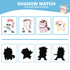 Fototapeta na wymiar Cut the image in each box and glue it on each shadow. Find the correct shadow. Cut and paste activity for children. Printable activity page for kids