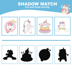 Cut the image in each box and glue it on each shadow. Find the correct shadow. Cut and paste activity for children. Printable activity page for kids