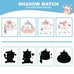 Cut the image in each box and glue it on each shadow. Find the correct shadow. Cut and paste activity for children. Printable activity page for kids
