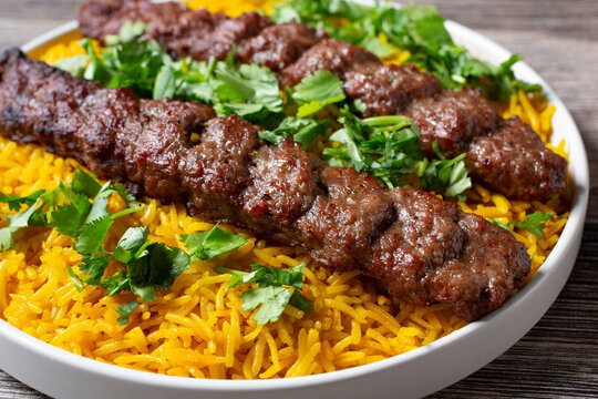 A closeup view of a plate of beef kofta.