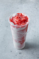 A view of a strawberry swirl milk tea.