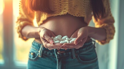 Woman holding painkillers, suffering from menstrual pain, having cramps. Close up of woman holding abdomen, endometriosis, and conditions causing pain in tummy. - obrazy, fototapety, plakaty
