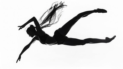 The fluid silhouette of a gymnast gracefully executing a series of cartwheels, their movements captured against a backdrop of pure white. - obrazy, fototapety, plakaty