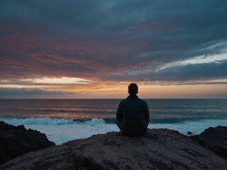 A man sitting on top of rocks in the beach looking at the sea at dawn 