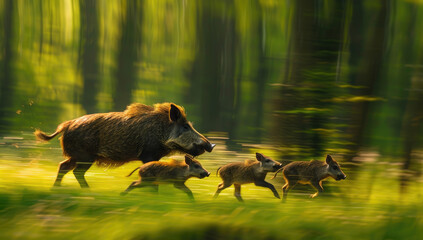 A family of wild boars foraging in the meadow, with their young boar cubs running around them.