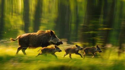 Foto op Canvas A family of wild boars foraging in the meadow, with their young boar cubs running around them. © Kien