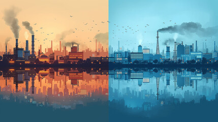 Vector horizontal banners skyline Kit with various parts of city factories, refineries, power plants and small towns or suburbs. Illustration divided on layers for create parallax effect. - obrazy, fototapety, plakaty