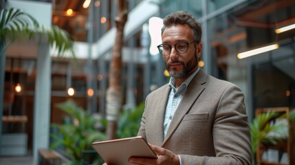 Tablet, business man in office with glasses, reading email or social media post scroll, schedule or report. Planning, research and man