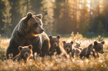 A family of grizzly bears, including cubs and mother bear in the wild on a grassy field during...