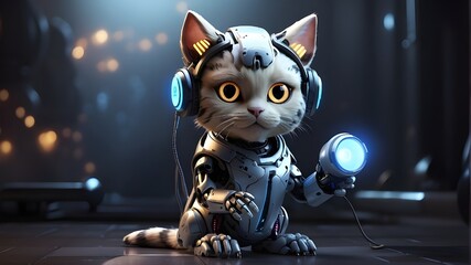 In a futuristic world, a robotic cat with glowing eyes uses a hand speaker to make an important announcement to its fellow feline citizens.