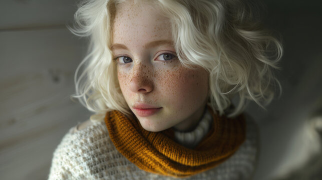 A young teenage girl with short blond hair and freckles . Coy, playful side-eye expression in a three-quarter profile. Precocious.