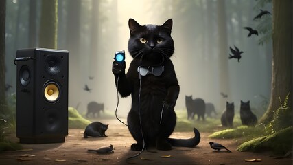 A sleek black cat stands on its hind legs, holding a hand speaker to its mouth as it announces a warning to the other animals in the forest.