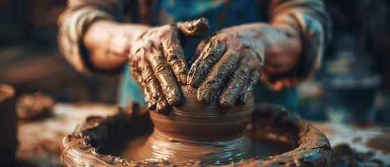 Foto op Aluminium Earththemed pottery, artisan hands at work, clay texture detail, studio lighting, close view © TheFlyingWeed