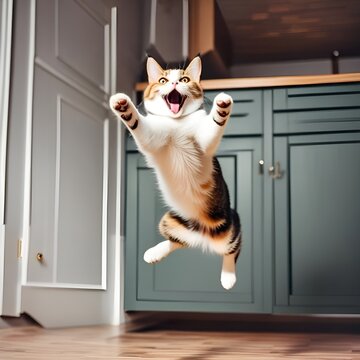 funny picture of jumping tabby cat in the kitchen
