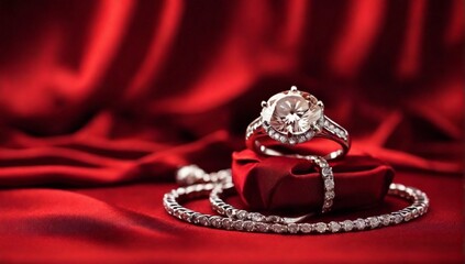 Diamond ring with jewelry gift box on red fabric background
