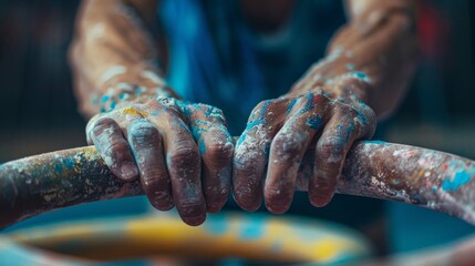A meticulous close-up capturing the gymnast's chalk-covered hands, evoking the essence of readiness and meticulous preparation for the upcoming rings routine.