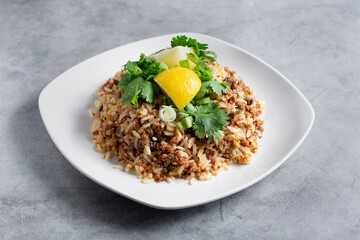 A view of a plate of pork rice.