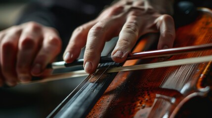 In a detailed close-up, the essence of musical performance is encapsulated as the violinist's fingers press on the strings.