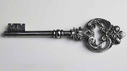 An artistic representation of a silver key with intricate carvings, symbolizing access and security.
