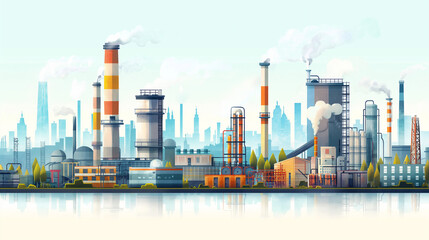 Industry, factory and manufacture landscape vector illustrations. Cartoon flat industrial panoramic area with manufacturing plants, power stations, warehouses, cooling tower silhouettes background. - obrazy, fototapety, plakaty