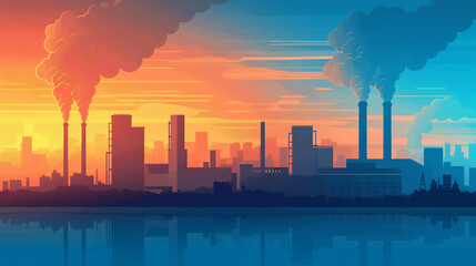 Fototapeta na wymiar Industry, factory and manufacture landscape vector illustrations. Cartoon flat industrial panoramic area with manufacturing plants, power stations, warehouses, cooling tower silhouettes background.