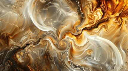 An abstract composition featuring swirling patterns of molten gold and silver, creating a mesmerizing visual effect. - obrazy, fototapety, plakaty