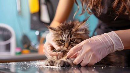 A professional groomer carefully trimming the nails of a small, fluffy cat, using a gentle and...
