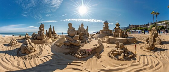 Earth Daythemed sand sculpture contest, creative designs, beach setting, sunny day, wide angle