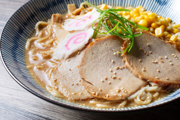A closeup view of a miso ramen bowl.